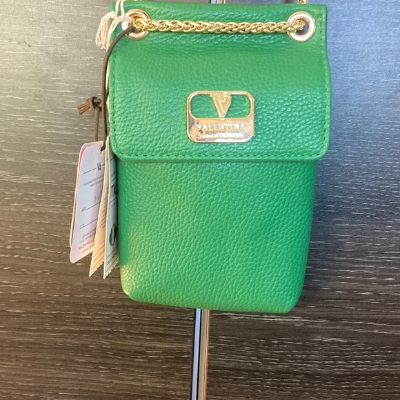 NWT Valentina Kelly Green Italian Pebbled Leather Xbody Sm Bag Gold Chain Strap - Picture 2 of 13